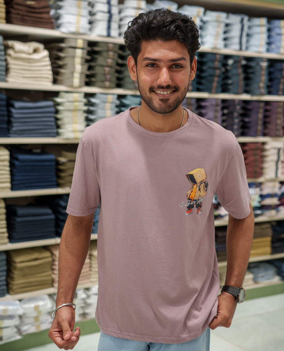 Pink Cotton-Blended T-Shirt Comes with an Robot-Motifs Back Print, Crew Neck, Half Sleeves, Oversized Fit, and Regular Length