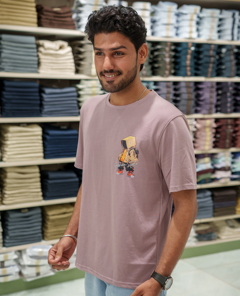 Pink Cotton-Blended T-Shirt Comes with an Robot-Motifs Back Print, Crew Neck, Half Sleeves, Oversized Fit, and Regular Length