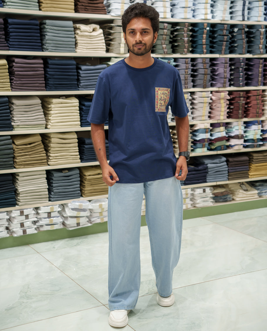Navy Cotton-Blended T-Shirt Comes with an Tribe-Motifs Back Print, Crew Neck, Half Sleeves, Oversized Fit, and Regular Length