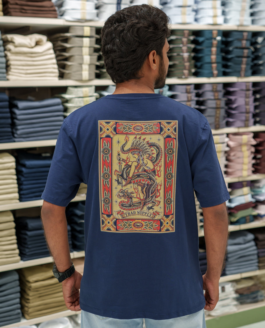 Navy Cotton-Blended T-Shirt Comes with an Tribe-Motifs Back Print, Crew Neck, Half Sleeves, Oversized Fit, and Regular Length