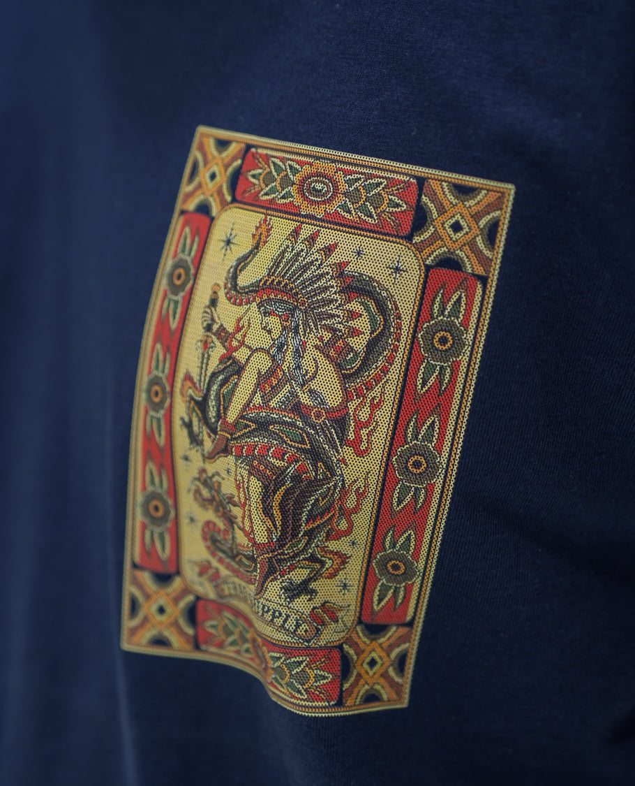 Navy Cotton-Blended T-Shirt Comes with an Tribe-Motifs Back Print, Crew Neck, Half Sleeves, Oversized Fit, and Regular Length