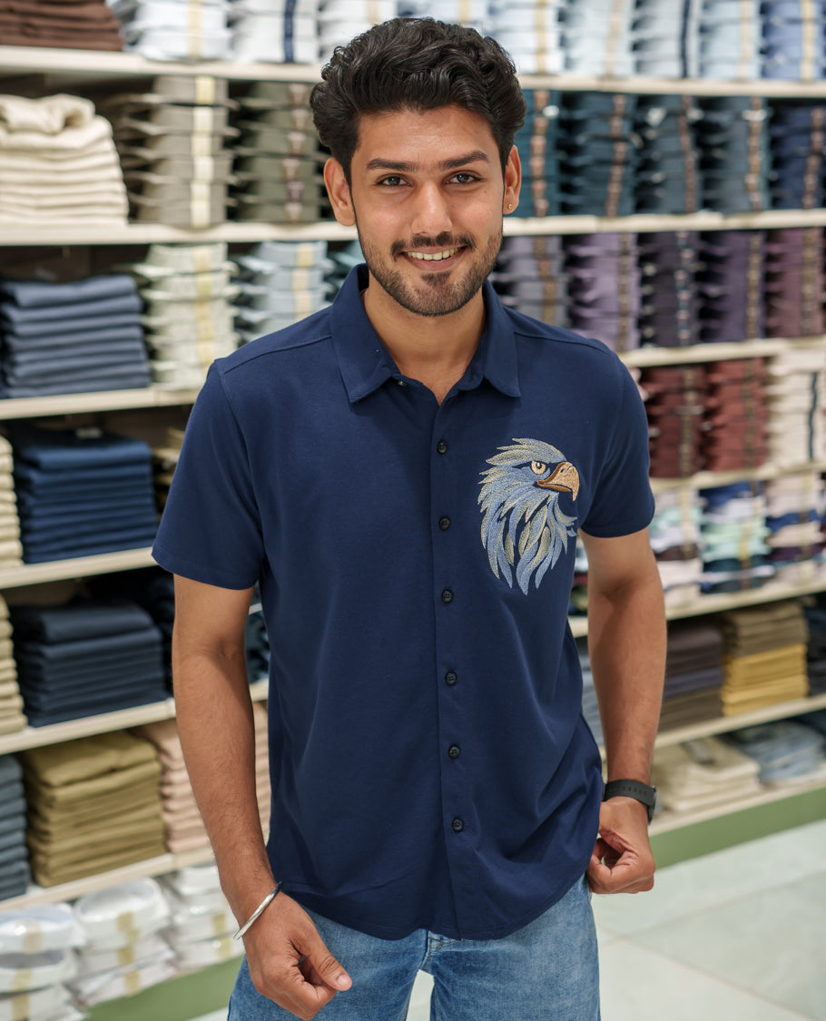 Navy Blue Cotton-Blended Casual Shirt Comes with Eagle Motif Embroidery, Spread Collar, Half Sleeves, Regular Fit, and Regular Length