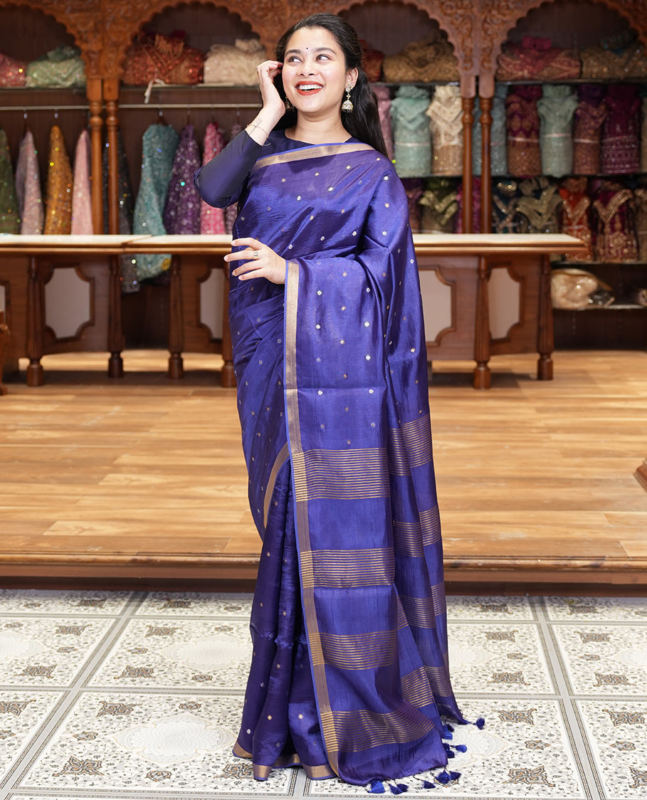 Royal blue zari buttas banana pith silk saree, zari bavanji border, zari striped pallu, and a matching zari design blouse