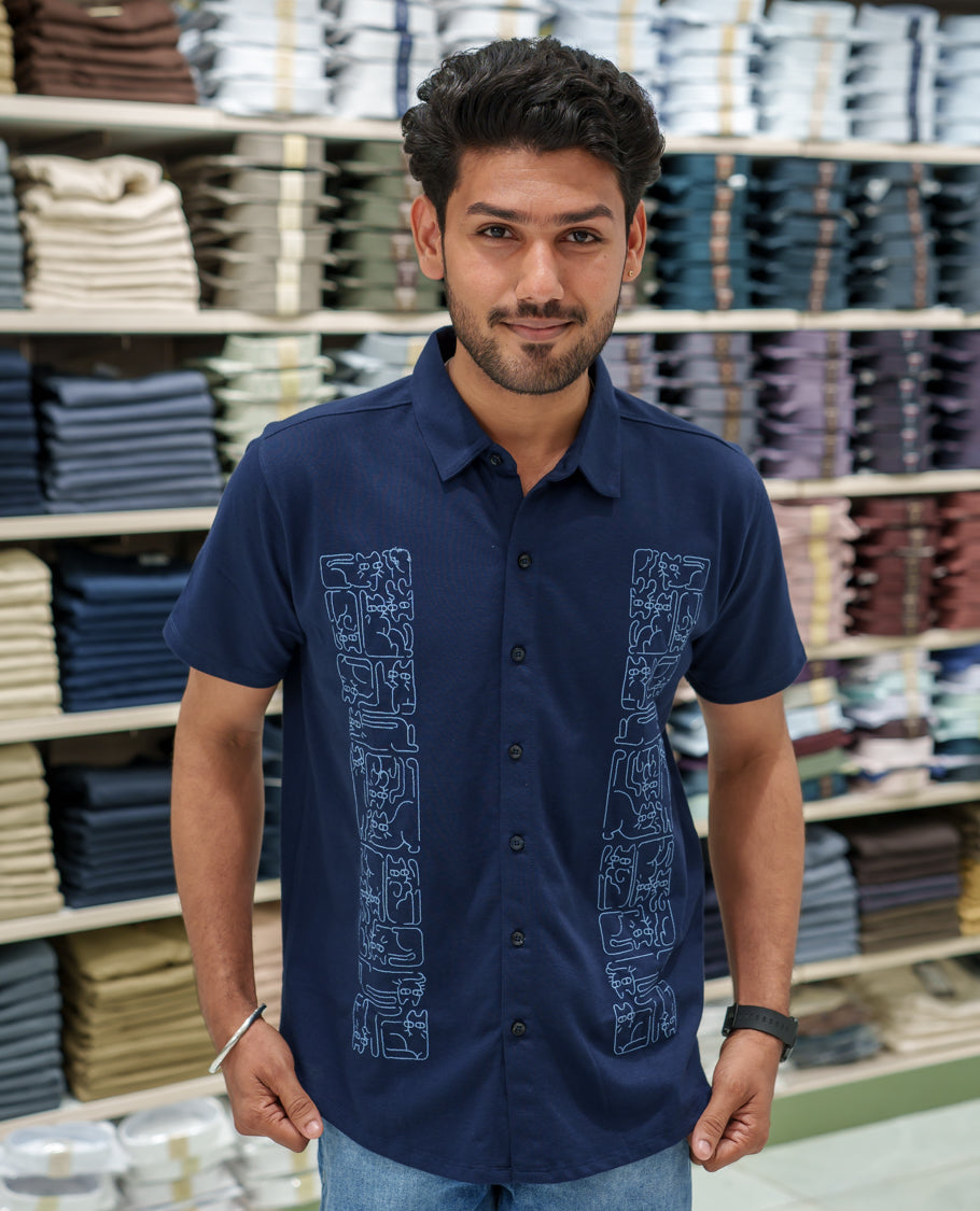 Navy Blue Cotton-Blended Casual Shirt Comes with Cat-Themed Thread Embroidery, Spread Collar, Half Sleeves, Regular Fit, and Regular Length