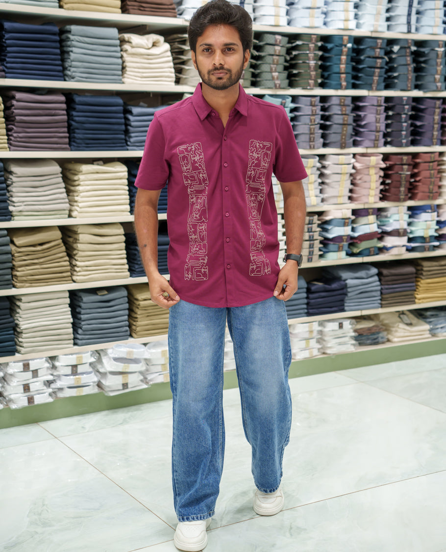 Red Cotton-Blended Casual Shirt Comes with Cat-Themed Thread Embroidery, Spread Collar, Half Sleeves, Regular Fit, and Regular Length