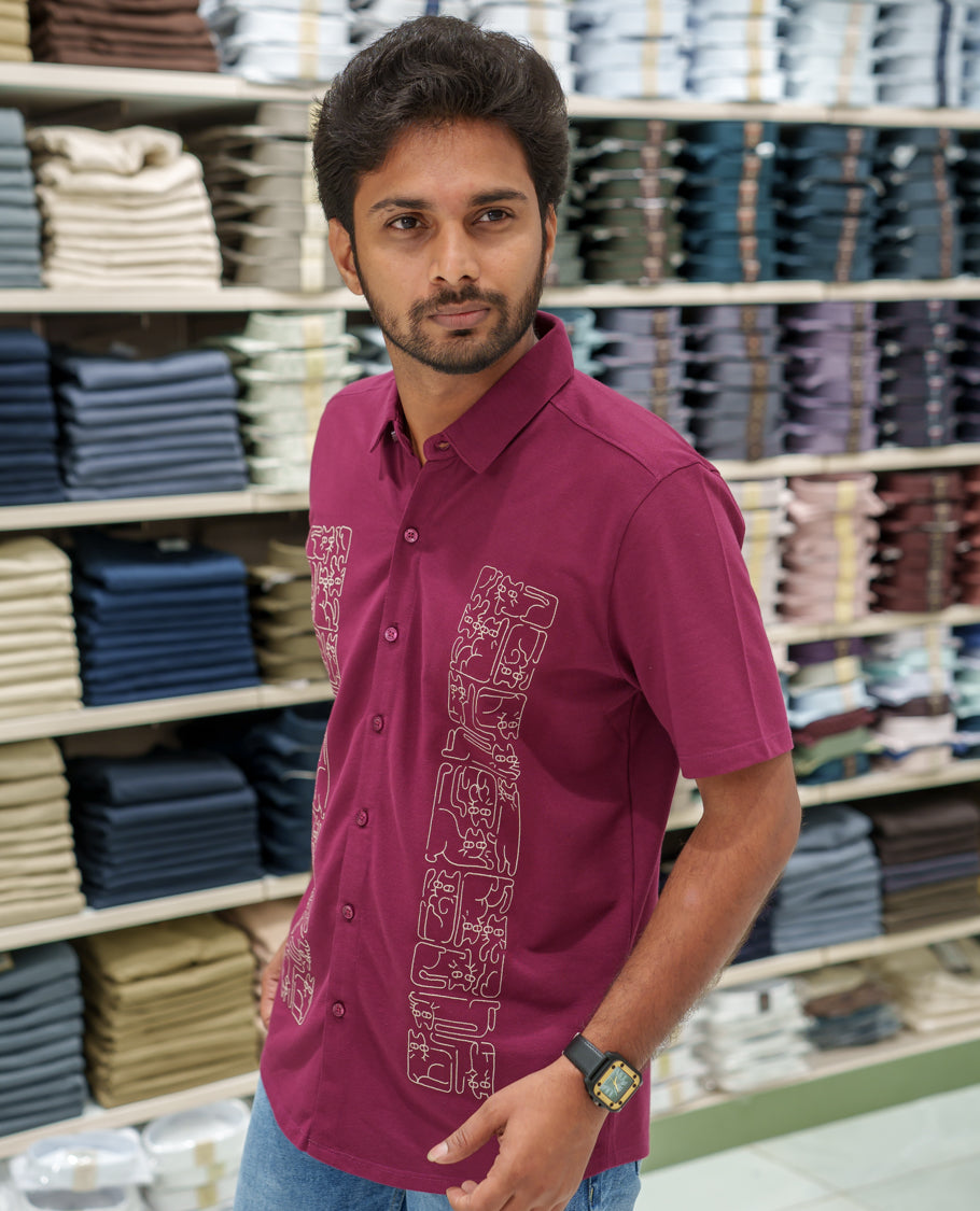 Red Cotton-Blended Casual Shirt Comes with Cat-Themed Thread Embroidery, Spread Collar, Half Sleeves, Regular Fit, and Regular Length