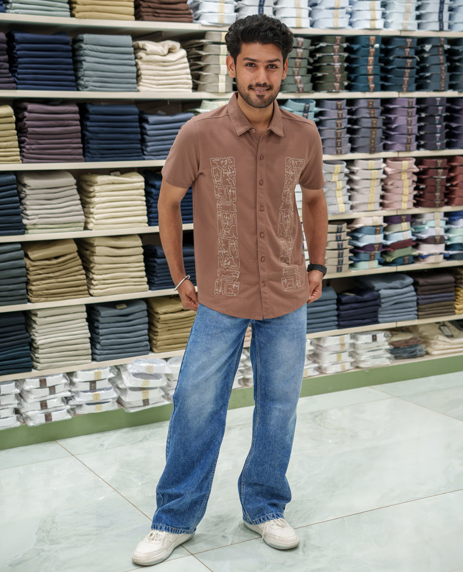 Brown Cotton-Blended Casual Shirt Comes with Cat-Themed Thread Embroidery, Spread Collar, Half Sleeves, Regular Fit, and Regular Length