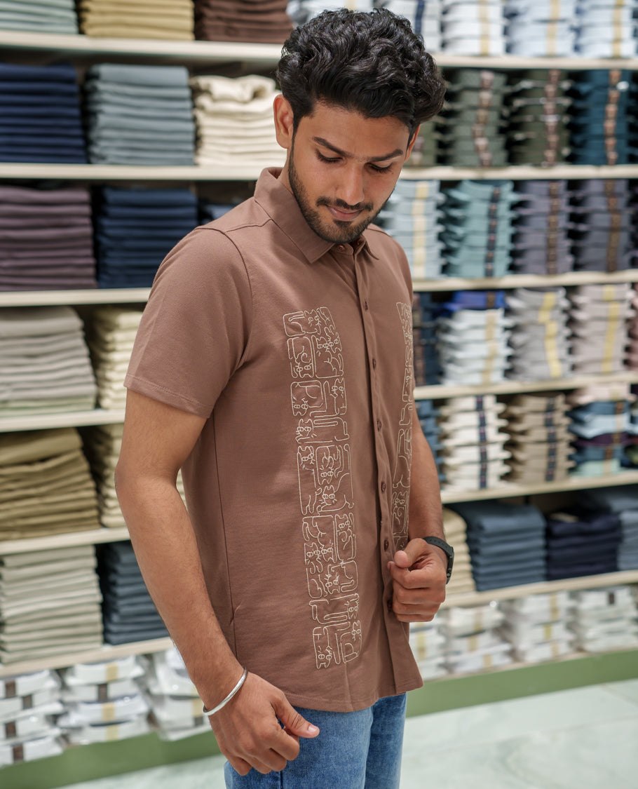 Brown Cotton-Blended Casual Shirt Comes with Cat-Themed Thread Embroidery, Spread Collar, Half Sleeves, Regular Fit, and Regular Length