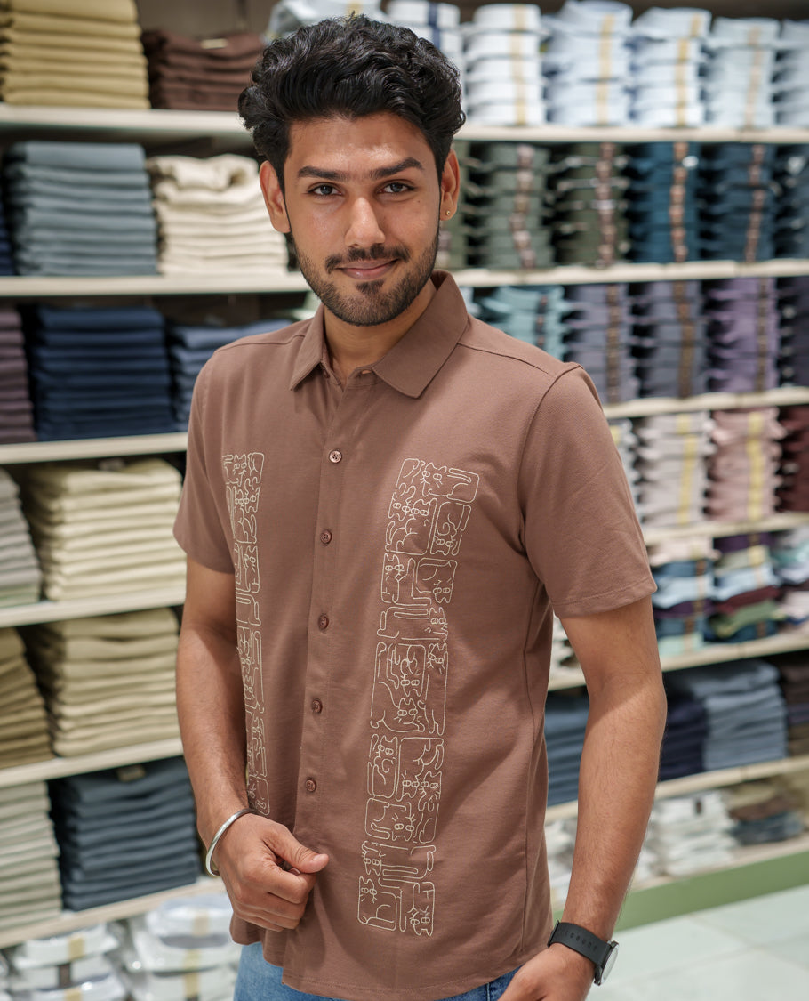 Brown Cotton-Blended Casual Shirt Comes with Cat-Themed Thread Embroidery, Spread Collar, Half Sleeves, Regular Fit, and Regular Length