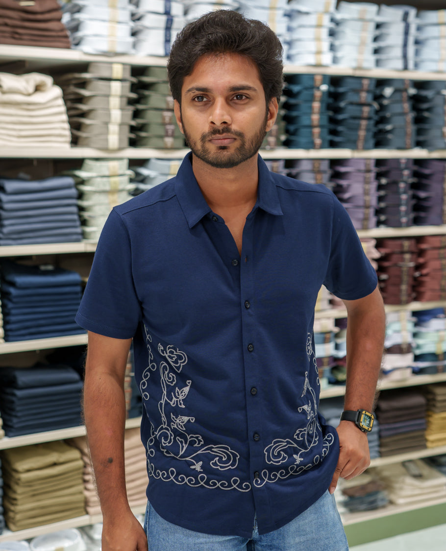 Navy Blue Cotton-Blended Casual Shirt Comes with Floral-Themed Thread Embroidery, Spread Collar, Half Sleeves, Regular Fit, and Regular Length