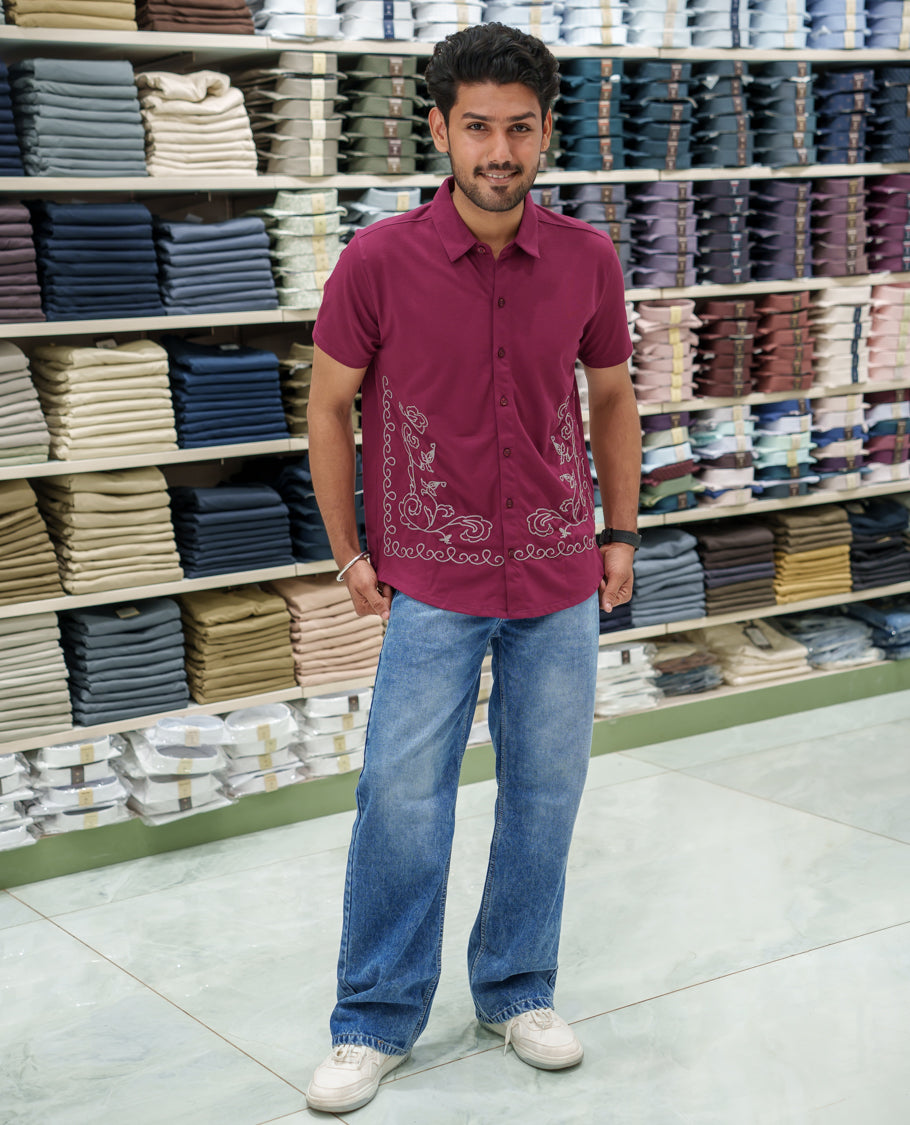 Red Cotton-Blended Casual Shirt Comes with Floral-Themed Thread Embroidery, Spread Collar, Half Sleeves, Regular Fit, and Regular Length