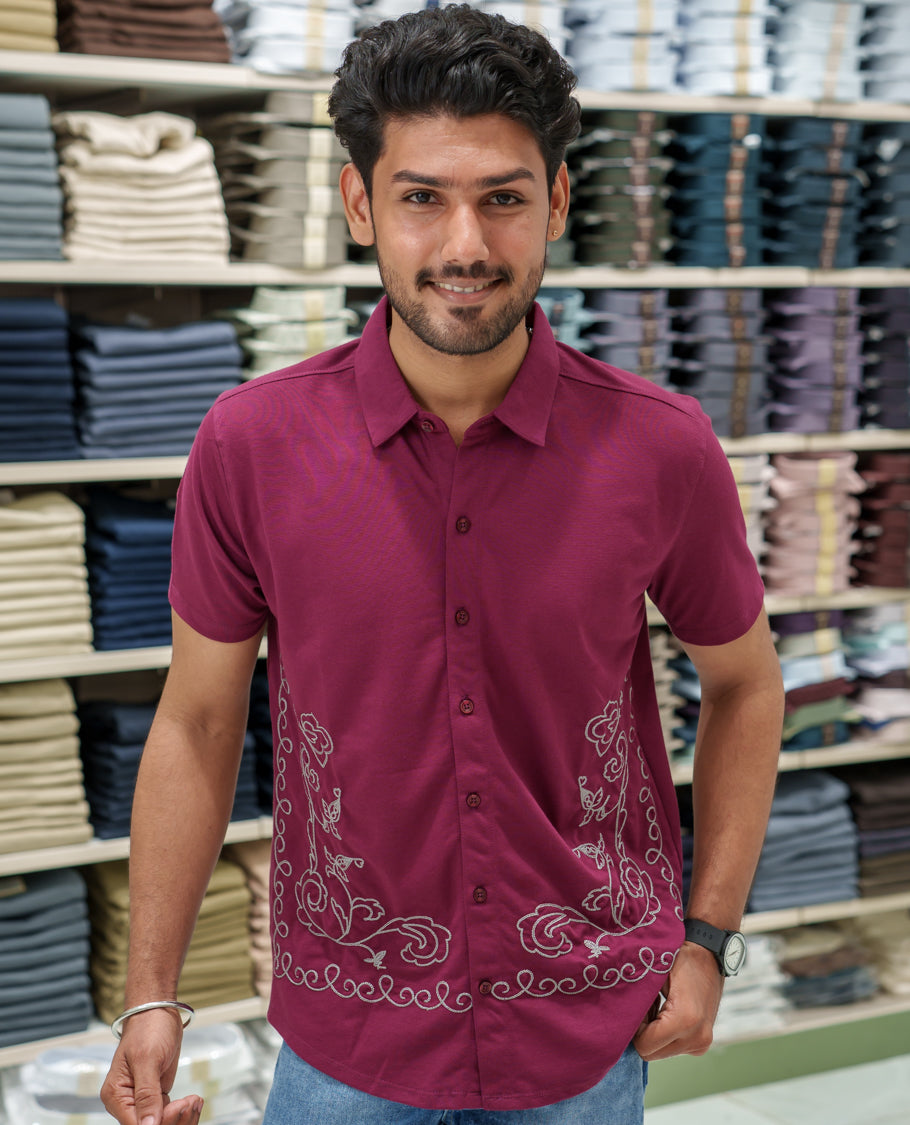 Red Cotton-Blended Casual Shirt Comes with Floral-Themed Thread Embroidery, Spread Collar, Half Sleeves, Regular Fit, and Regular Length