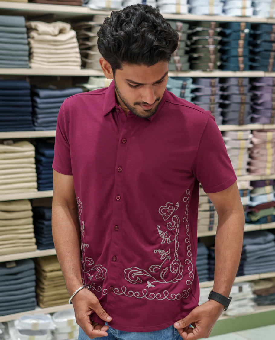 Red Cotton-Blended Casual Shirt Comes with Floral-Themed Thread Embroidery, Spread Collar, Half Sleeves, Regular Fit, and Regular Length