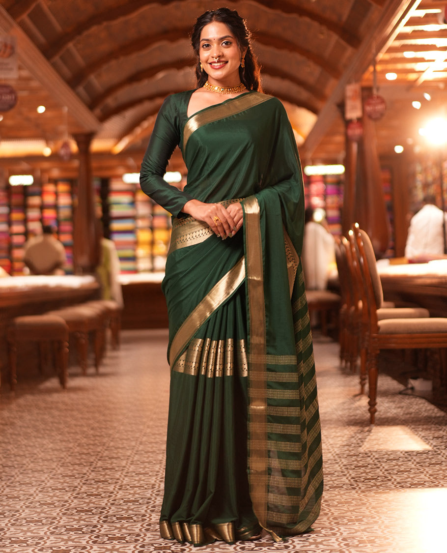 Bottle Green Traditional Zari Woven Mysore Silk Saree, a Zari Border, Striped Pallu, and a Matching Blouse