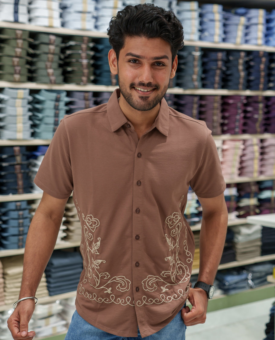 Brown Cotton-Blended Casual Shirt Comes with Floral-Themed Thread Embroidery, Spread Collar, Half Sleeves, Regular Fit, and Regular Length