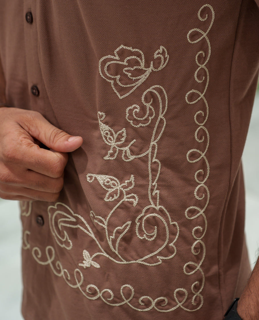 Brown Cotton-Blended Casual Shirt Comes with Floral-Themed Thread Embroidery, Spread Collar, Half Sleeves, Regular Fit, and Regular Length