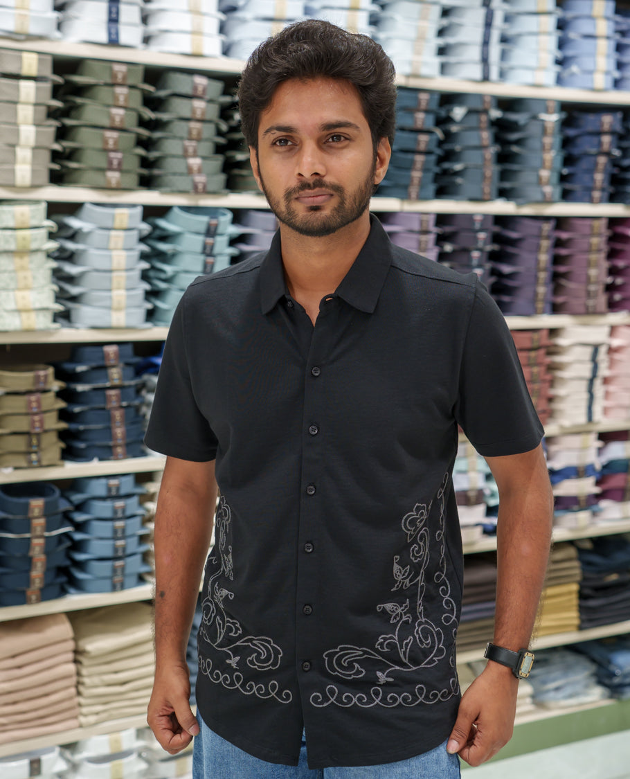 Black Cotton-Blended Casual Shirt Comes with Floral-Themed Thread Embroidery, Spread Collar, Half Sleeves, Regular Fit, and Regular Length