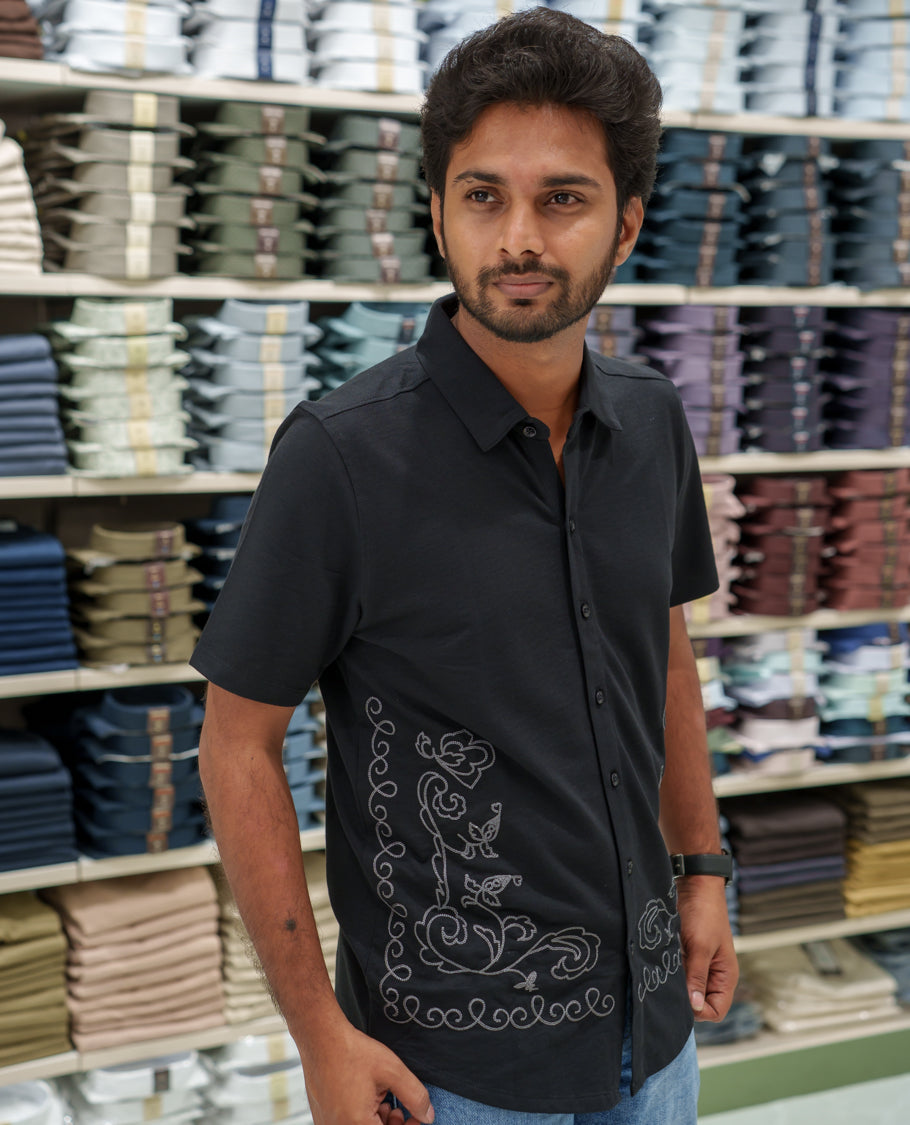 Black Cotton-Blended Casual Shirt Comes with Floral-Themed Thread Embroidery, Spread Collar, Half Sleeves, Regular Fit, and Regular Length