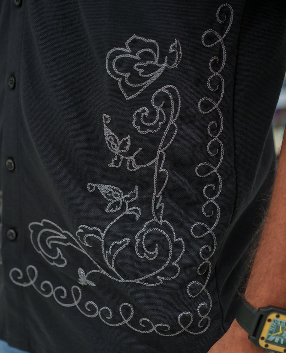 Black Cotton-Blended Casual Shirt Comes with Floral-Themed Thread Embroidery, Spread Collar, Half Sleeves, Regular Fit, and Regular Length