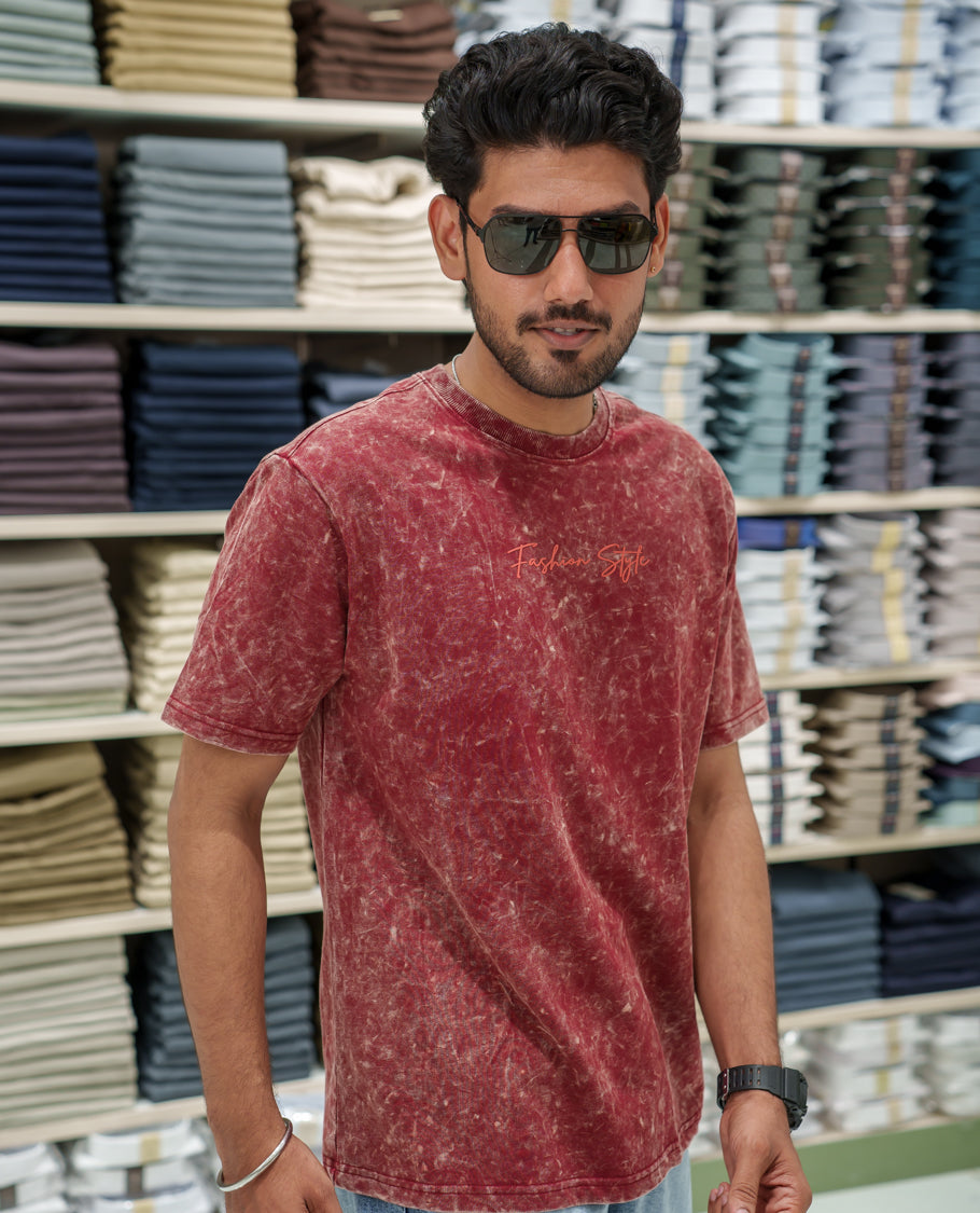 Red Cotton-Blended Lava-Wash T-Shirt Comes with a Typographic Print, Crew Neck, Half Sleeves, Oversized Fit, and Regular Length