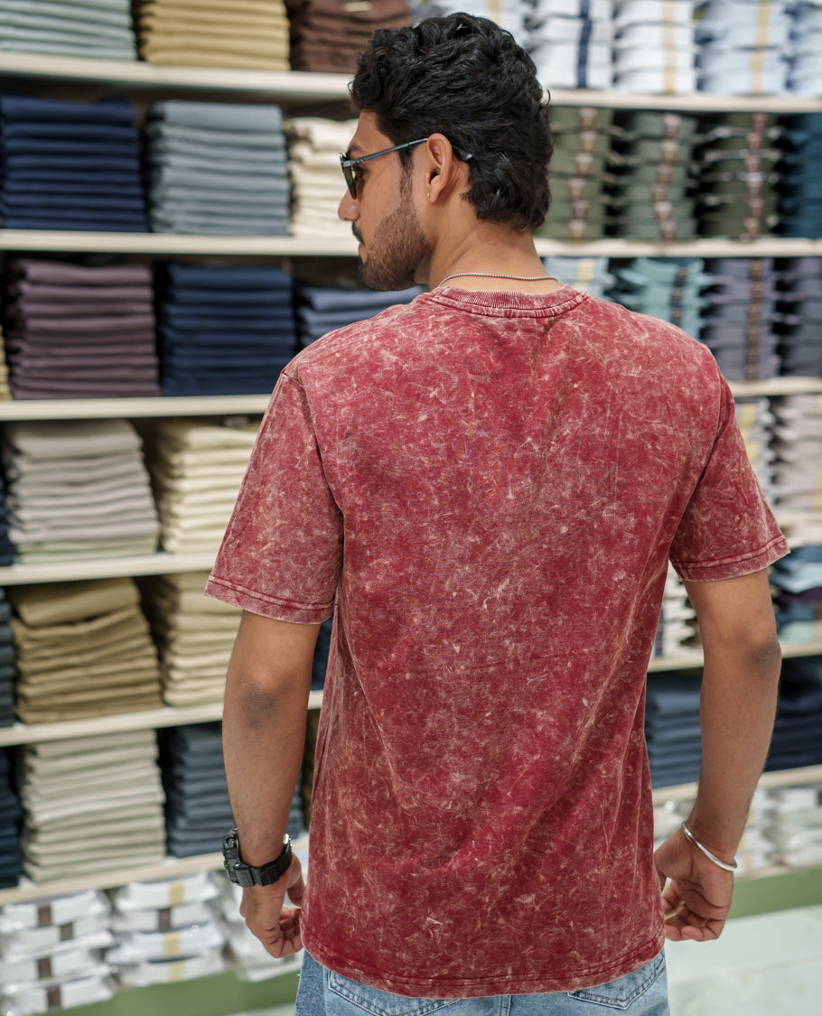 Red Cotton-Blended Lava-Wash T-Shirt Comes with a Typographic Print, Crew Neck, Half Sleeves, Oversized Fit, and Regular Length