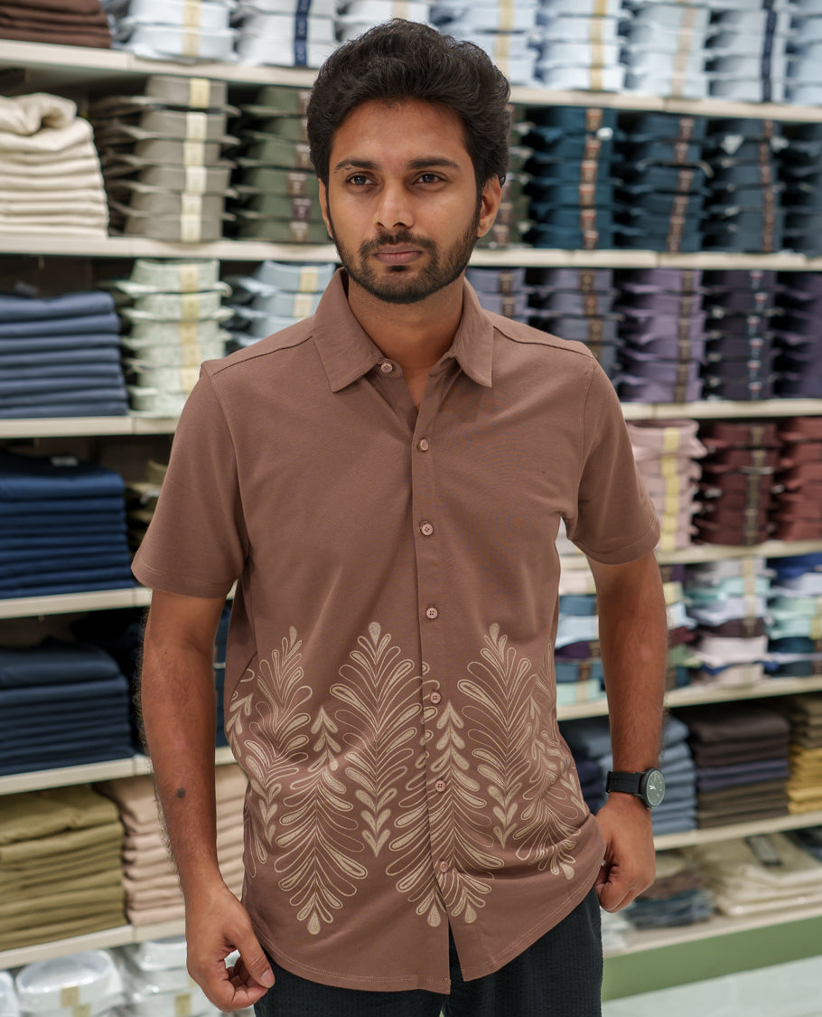 Brown Cotton-Blended Casual Shirt Comes with Tropical Floral Print, Spread Collar, Half Sleeves, Regular Fit, and Regular Length