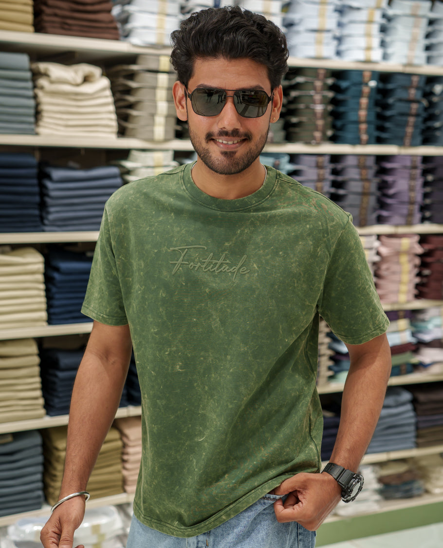 Green Cotton-Blended Lava-Wash T-Shirt Comes with a Typographic Print, Crew Neck, Half Sleeves, Oversized Fit, and Regular Length