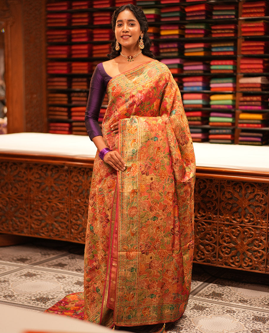 Pink Tropical Floral Russian Dola Tissue Saree, Floral-Bird Border, and a Matching Blouse