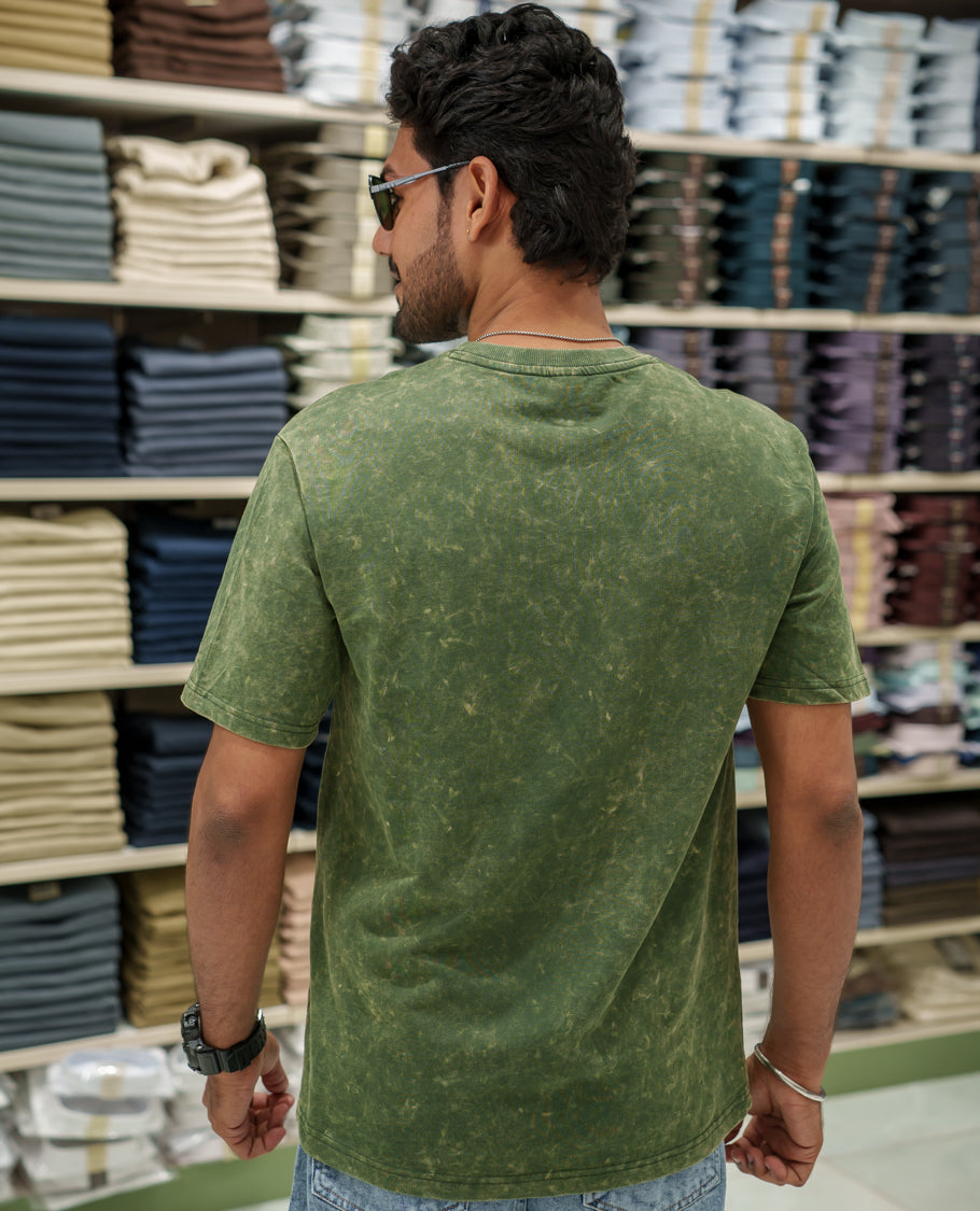 Green Cotton-Blended Lava-Wash T-Shirt Comes with a Typographic Print, Crew Neck, Half Sleeves, Oversized Fit, and Regular Length