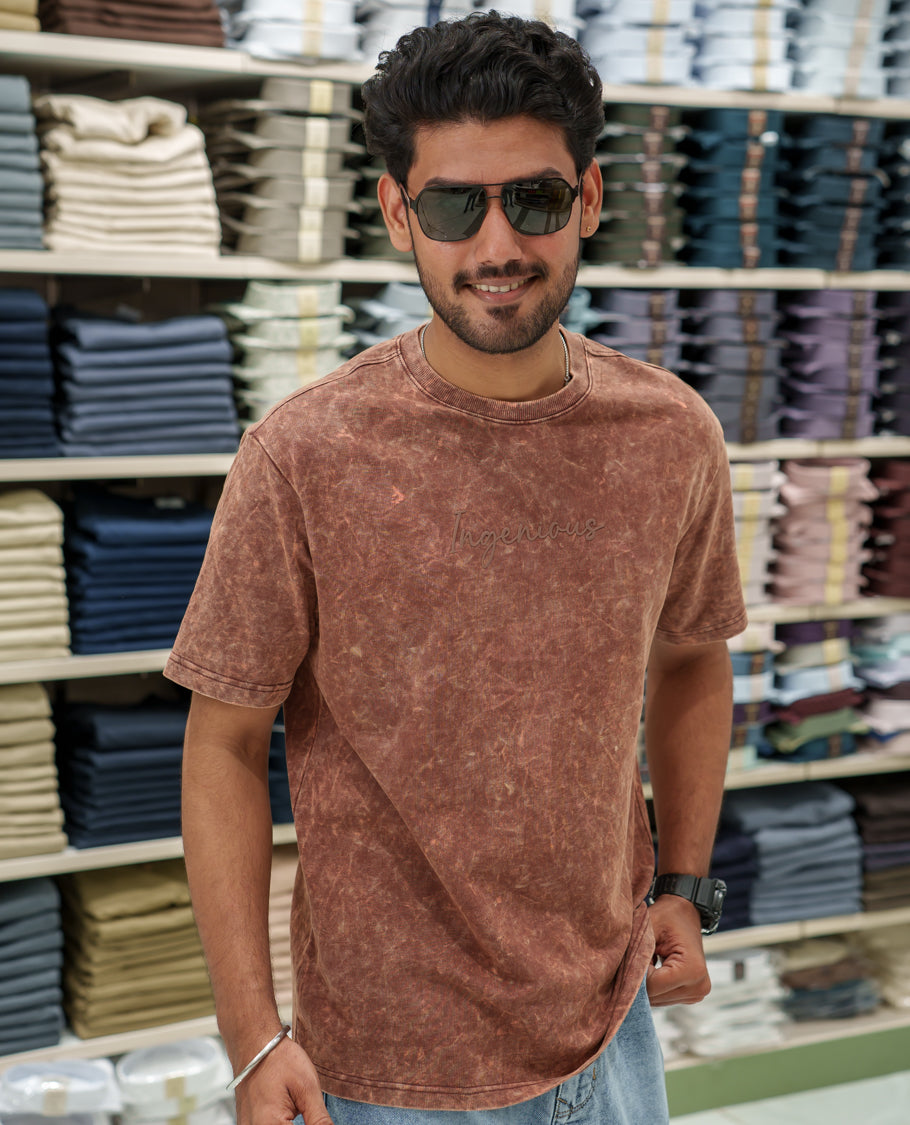 Brown Cotton-Blended Lava-Wash T-Shirt Comes with a Typographic Print, Crew Neck, Half Sleeves, Oversized Fit, and Regular Length
