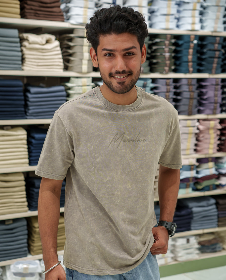 Beige Cotton-Blended Lava-Wash T-Shirt Comes with a Typographic Print, Crew Neck, Half Sleeves, Oversized Fit, and Regular Length