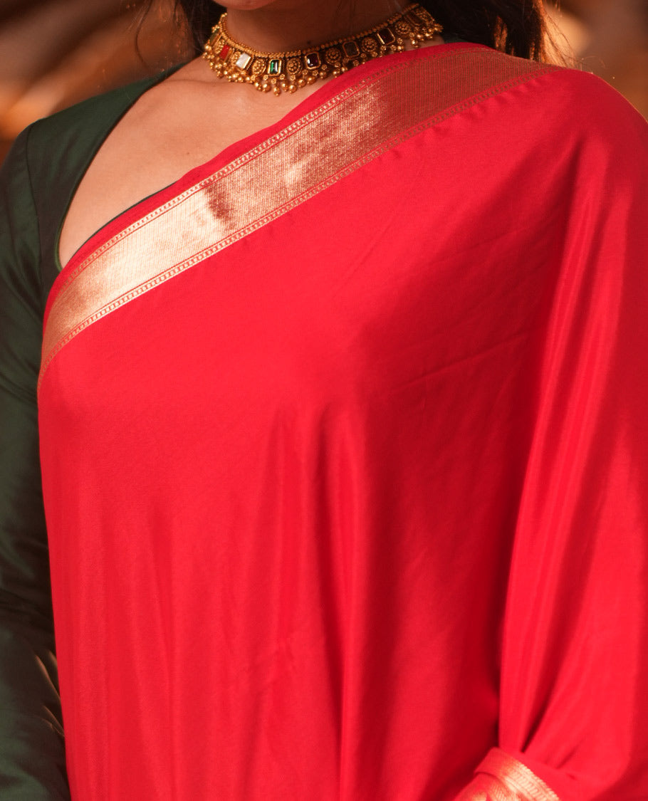 Red Traditional Zari Woven Mysore Silk Saree, a Zari Border, Striped Pallu, and a Matching Blouse