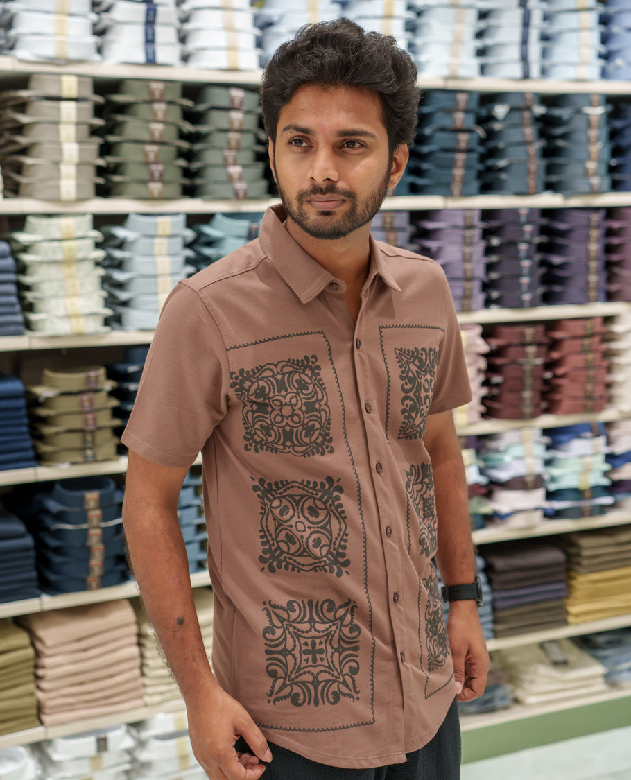 Brown Cotton-Blended Casual Shirt Comes with Intricate Print, Spread Collar, Half Sleeves, Regular Fit, and Regular Length