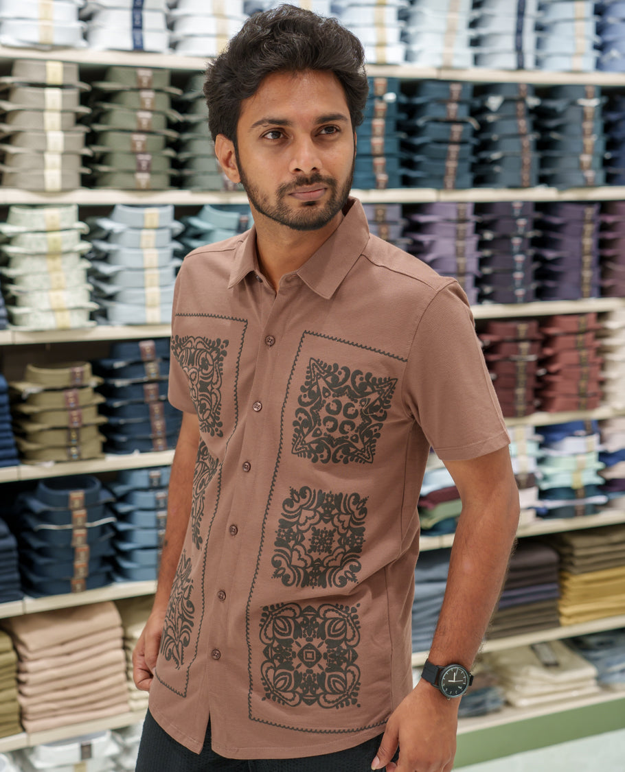 Brown Cotton-Blended Casual Shirt Comes with Intricate Print, Spread Collar, Half Sleeves, Regular Fit, and Regular Length