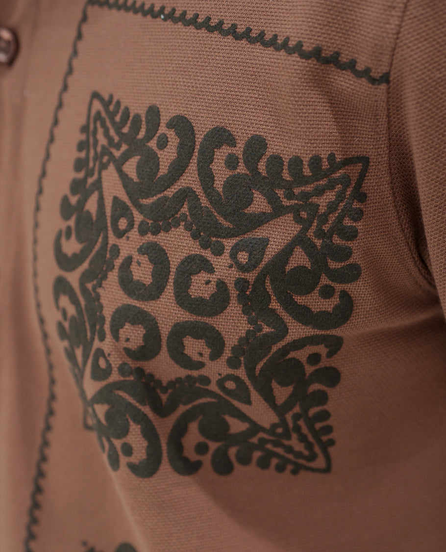 Brown Cotton-Blended Casual Shirt Comes with Intricate Print, Spread Collar, Half Sleeves, Regular Fit, and Regular Length