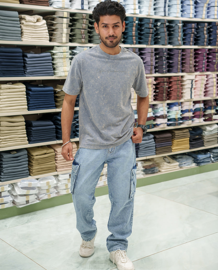 Light Grey Cotton-Blended Lava-Wash T-Shirt Comes with a Typographic Print, Crew Neck, Half Sleeves, Oversized Fit, and Regular Length