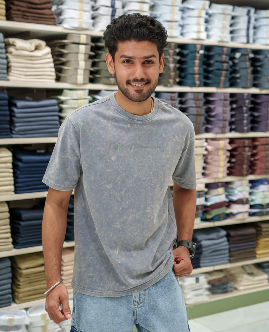 Light Grey Cotton-Blended Lava-Wash T-Shirt Comes with a Typographic Print, Crew Neck, Half Sleeves, Oversized Fit, and Regular Length