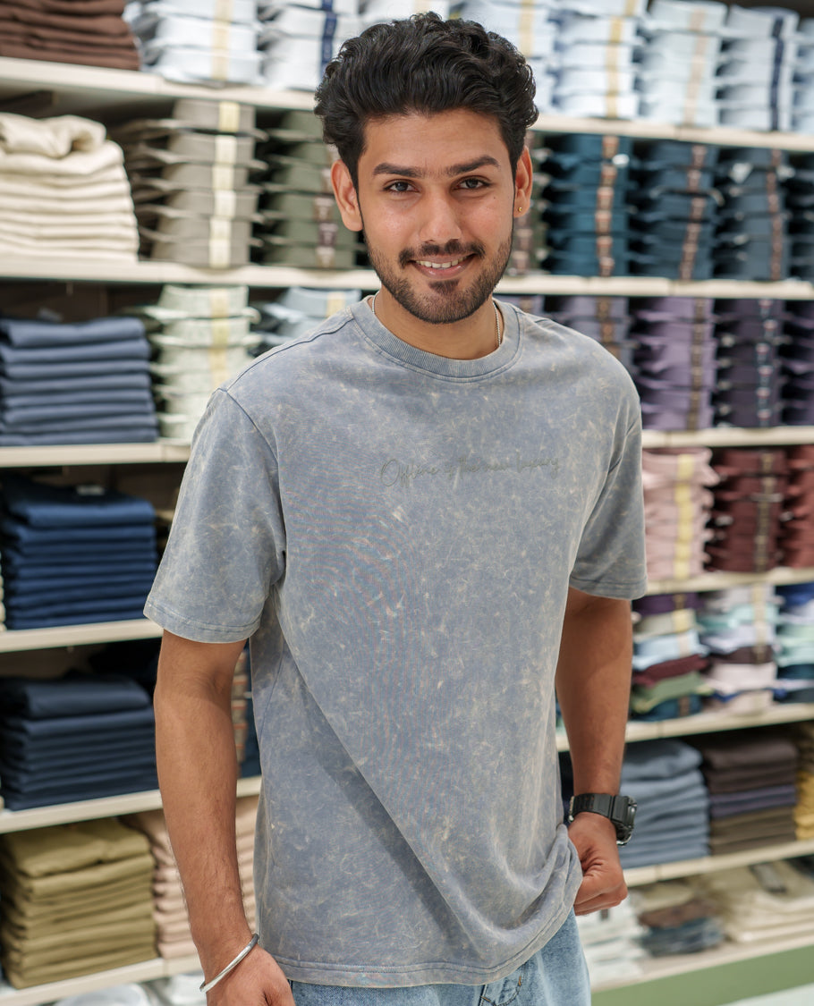Light Grey Cotton-Blended Lava-Wash T-Shirt Comes with a Typographic Print, Crew Neck, Half Sleeves, Oversized Fit, and Regular Length