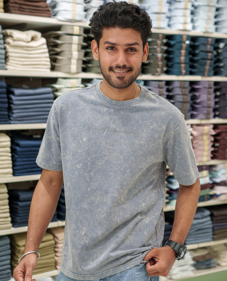 Light Grey Cotton-Blended Lava-Wash T-Shirt Comes with a Typographic Print, Crew Neck, Half Sleeves, Oversized Fit, and Regular Length