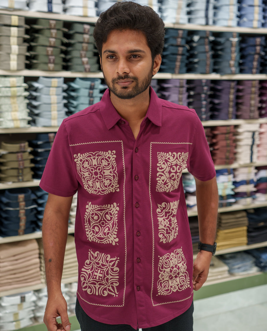 Red Cotton-Blended Casual Shirt Comes with Intricate Print, Spread Collar, Half Sleeves, Regular Fit, and Regular Length