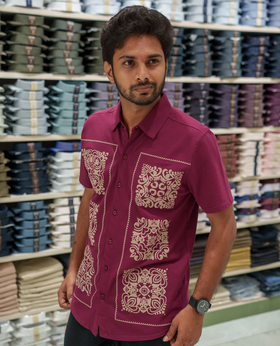 Red Cotton-Blended Casual Shirt Comes with Intricate Print, Spread Collar, Half Sleeves, Regular Fit, and Regular Length