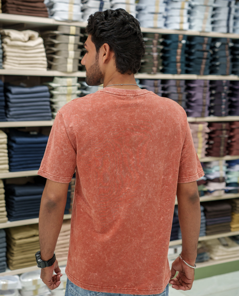 Orange Cotton-Blended Lava-Wash T-Shirt Comes with a Typographic Print, Crew Neck, Half Sleeves, Oversized Fit, and Regular Length