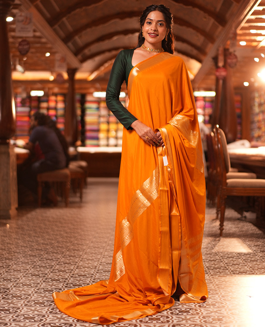 Mustard Traditional Zari Woven Mysore Silk Saree, a Zari Border, Striped Pallu, and a Matching Blouse