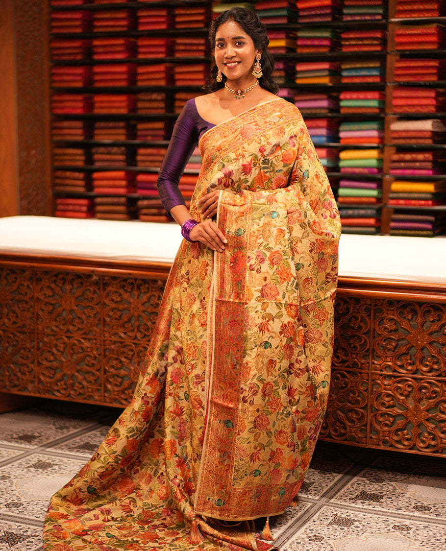 Off-White Tropical Floral Russian Dola Tissue Saree, Contrast Floral-Bird Border, and a Contrast Blouse