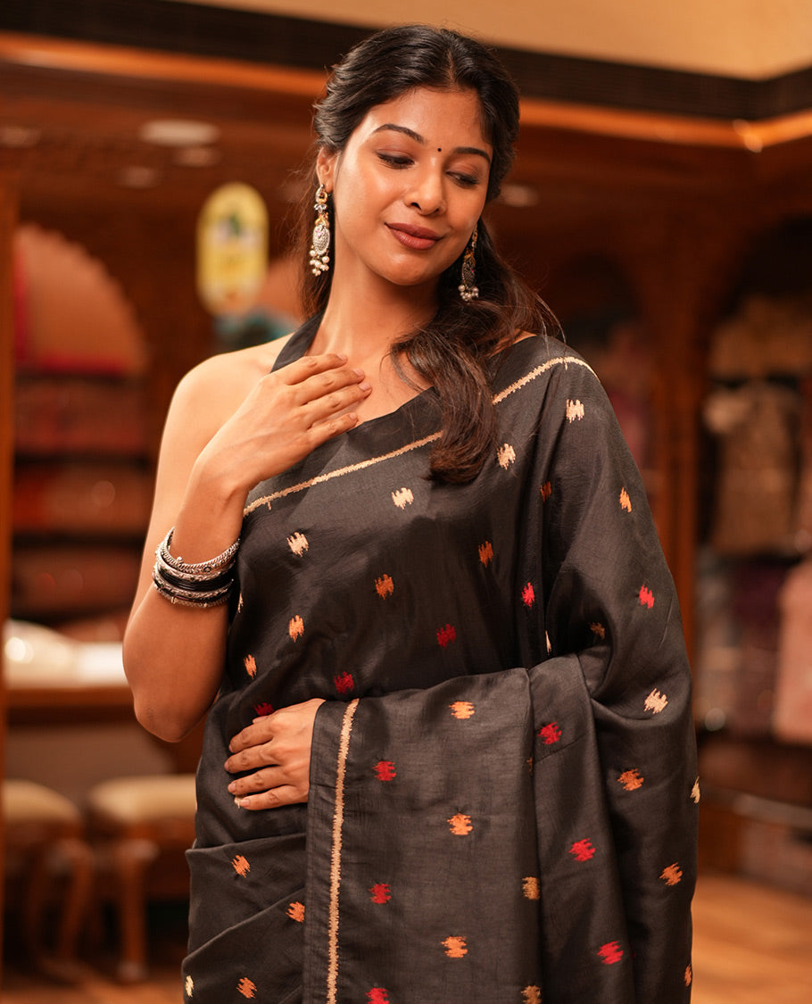 Black Matka Silk Saree Features Thread Buttas, a Self-Border, Pichwai Cow Pallu, Matching Blouse