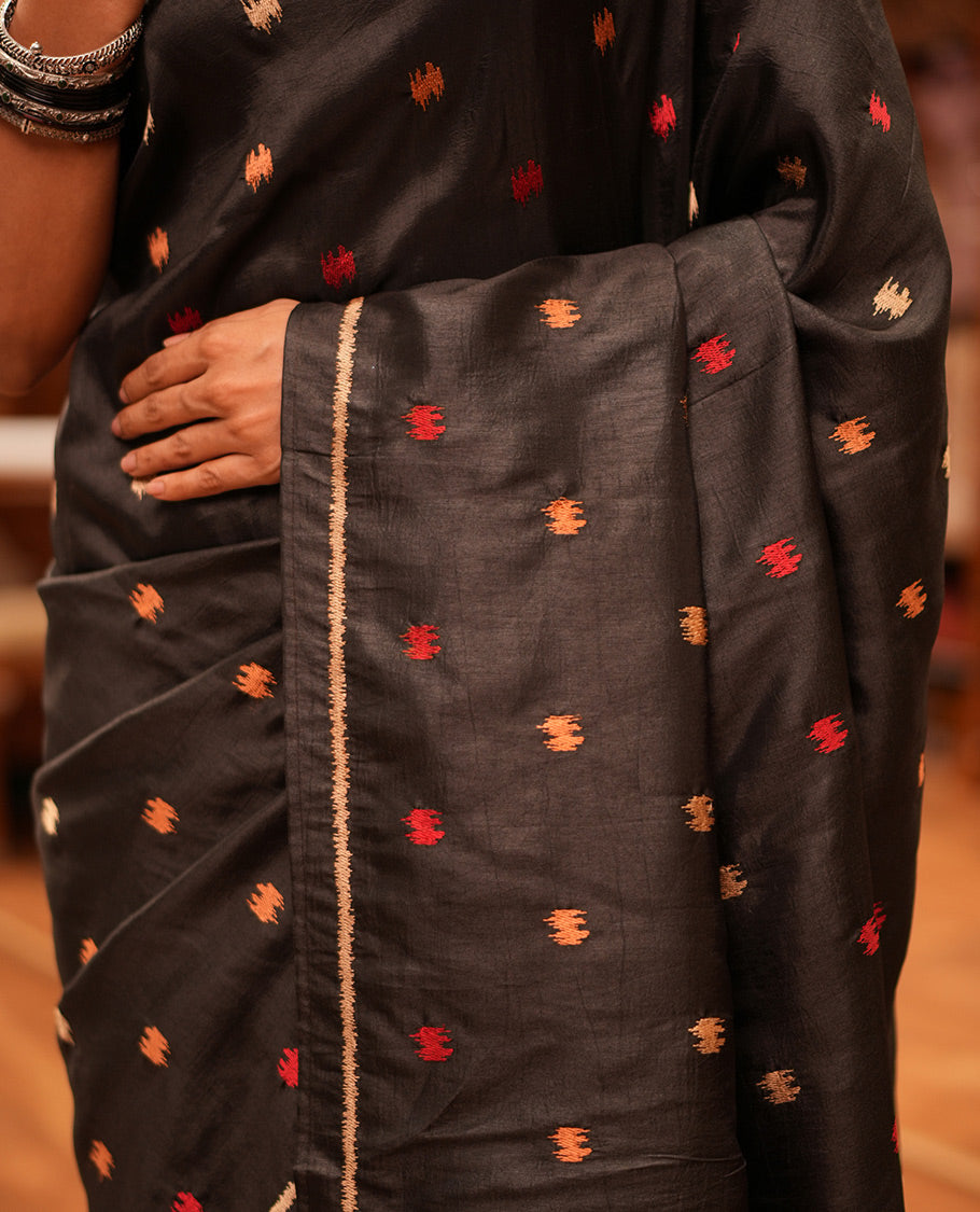 Black Matka Silk Saree Features Thread Buttas, a Self-Border, Pichwai Cow Pallu, Matching Blouse