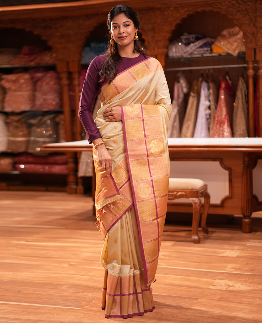 Onion Pink Peacock Motif Fancy Raw Silksaree, Contrast Checked Zari Border, Jaal Pallu, Matching Blouse
