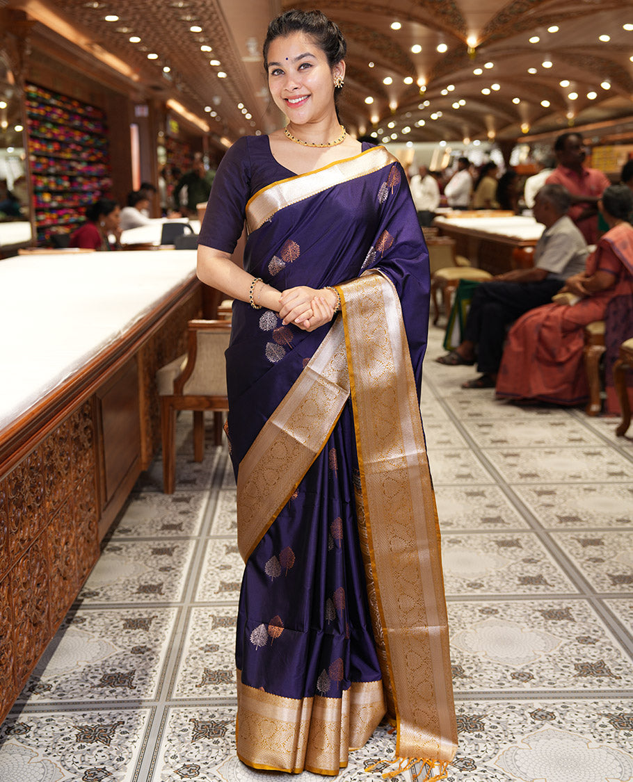Dark Violet Semi-Soft Silk Saree, Embellished with Tree Zari Buttas All Over Its Body, Complemented by a Contrast Traditional Zari Design Border, Pallu of Paisleys, and Paired with a Contrast Blouse