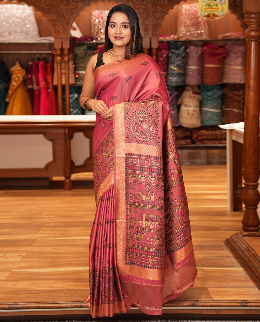 Onion Pink Satin Silk Saree, Adorned with Warli Motif Print, Highlighted by Warli Printed Zari Border, Warli-Village Palllu, and a Matching Blouse