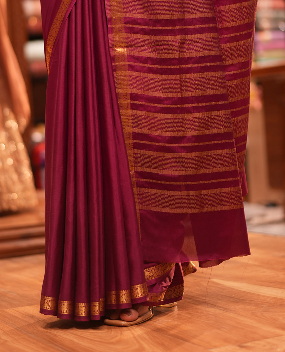 Wine Plain Semi-Mysore Saree, a Zari Elephant-Peacock Butta Border, Striped Pallu, Matching Blouse